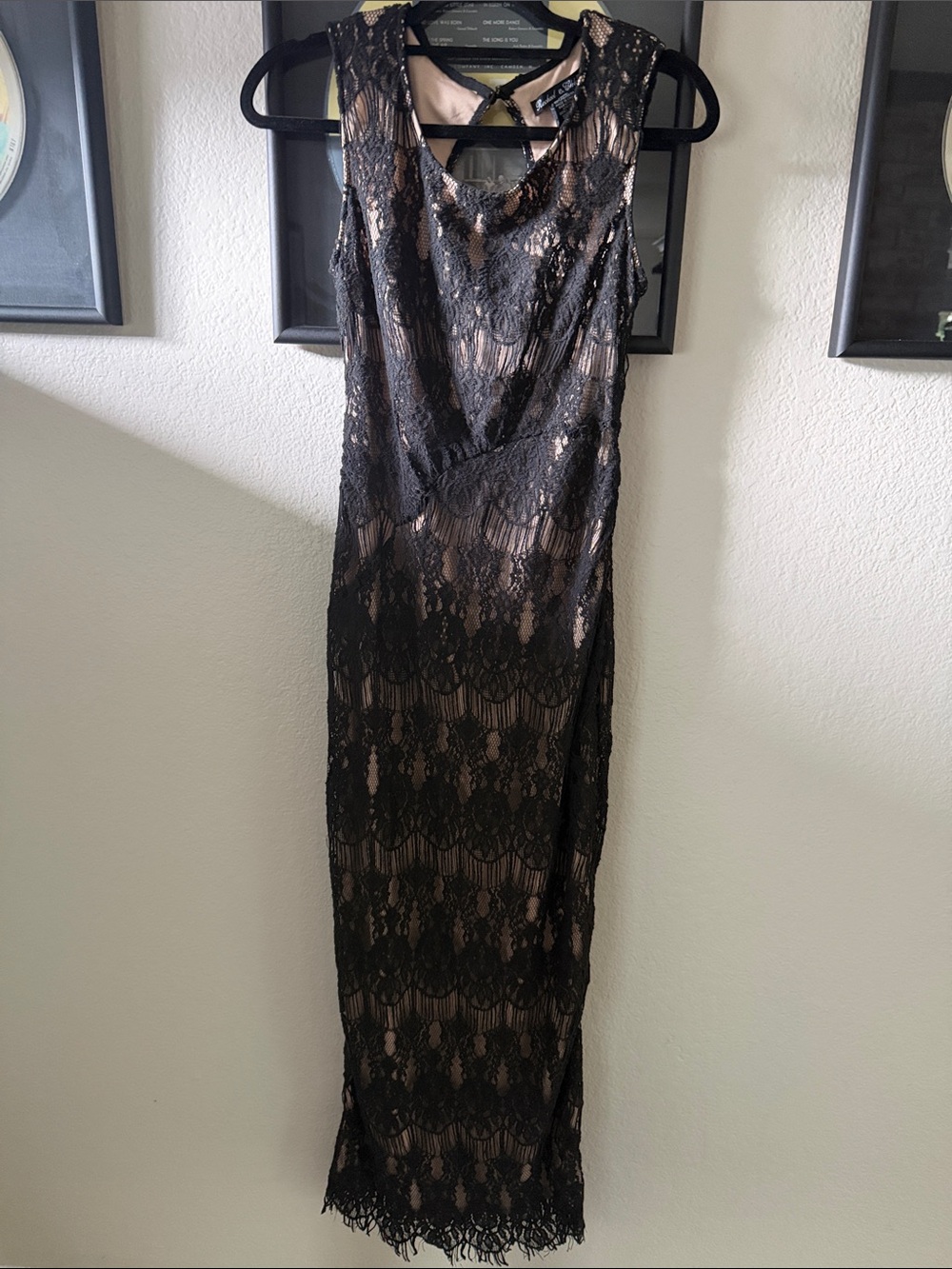 Rachael & Chloe Black Lace Maxi Dress with Nude Lining